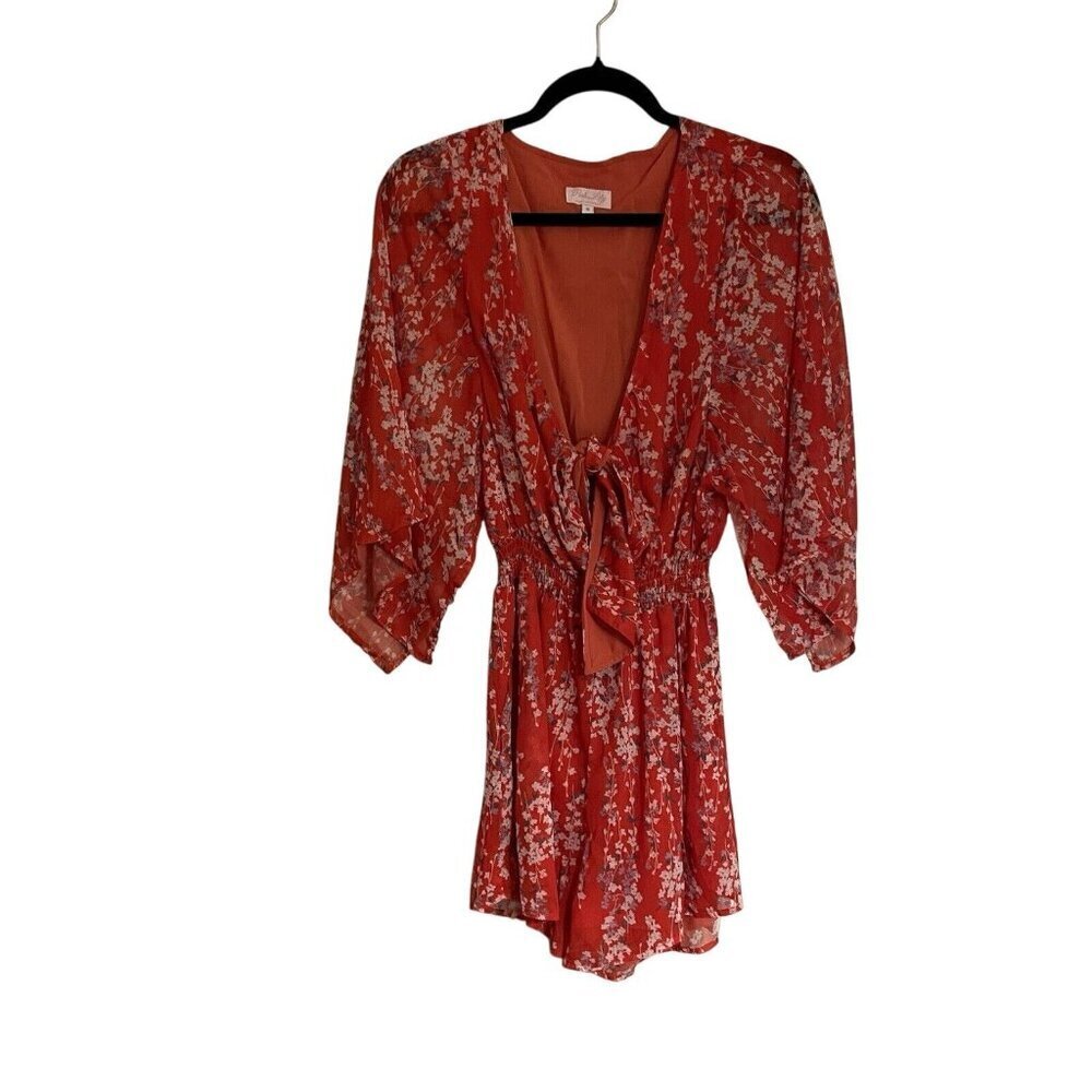 Pink Lily Women S Red Floral Boho Kimono Sleeves Smocked Waist Tie Front Romper